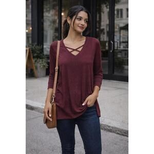 Christopher & Banks Petite Women's Long Sleeve Crisscross Burgundy Top